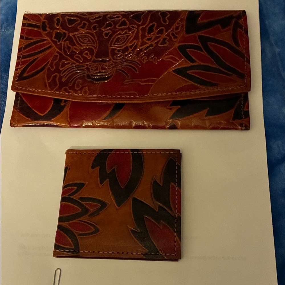 Hand-Tooled Leather Clutch in Red and Brown